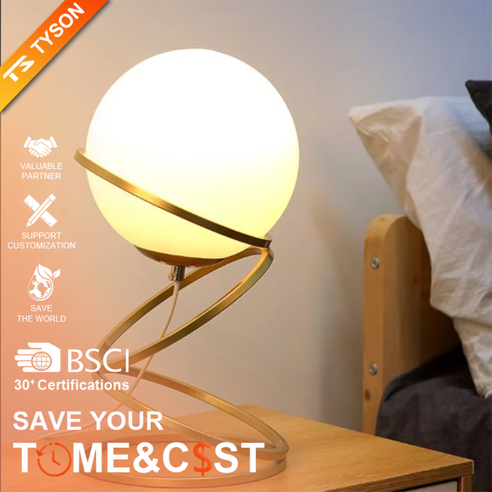 This is a light luxury spiral metal stand table lamp, with a gold spiral design paired with a white spherical frosted lampshade, featuring both decorative and lighting functions, ideal for modern indoor scenarios such as living room side tables and bedroom nightstands.
