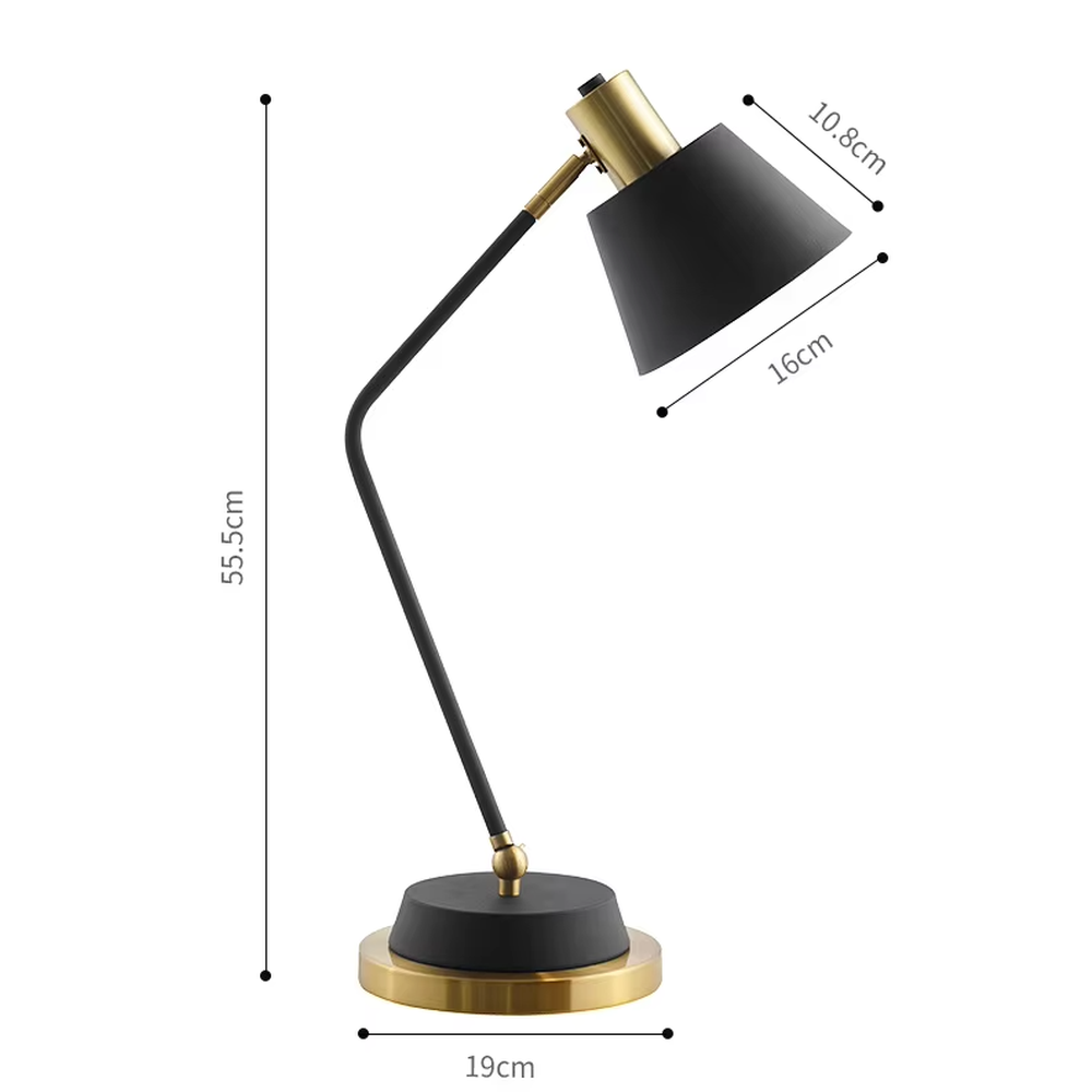 This modern minimalist table lamp features a white-gold color scheme, with a bendable metal arm and a conical lampshade, and a base with gold decoration. It serves both lighting and decorative purposes, ideal for bedroom bedside tables, study desks, light luxury homestays and other scenarios.