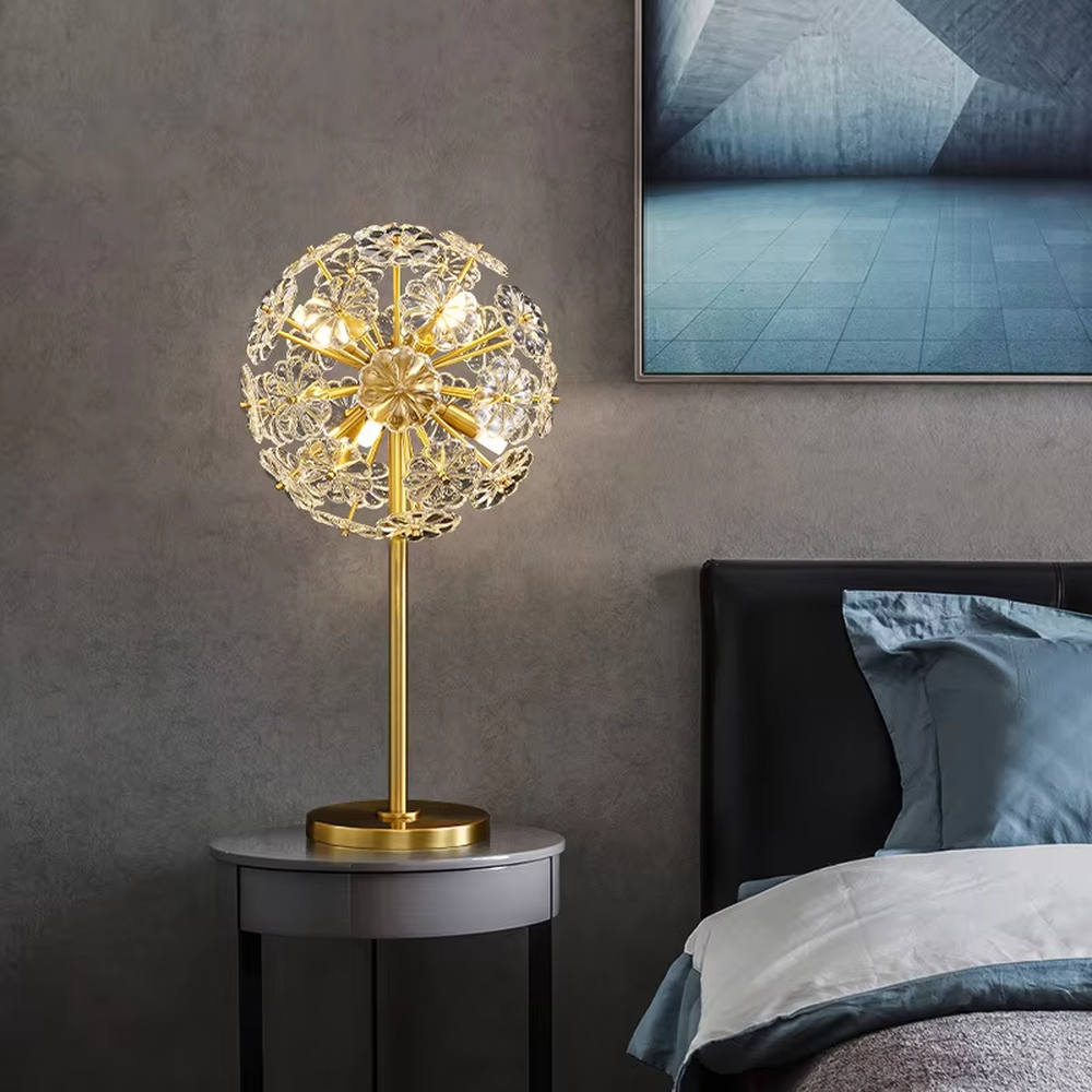 Art dandelion-shaped crystal table lamp (gold frame + crystal petals), warm light effect, creating a brilliant and romantic light luxury space atmosphere.