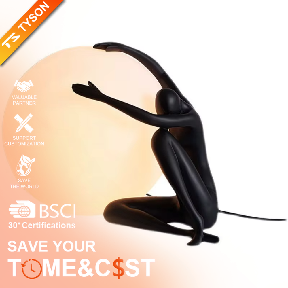 Artistic humanoid sculpture lifting spherical soft light table lamp (black sculpture + warm light ball shade), warm light effect, creating a creative artistic space atmosphere.