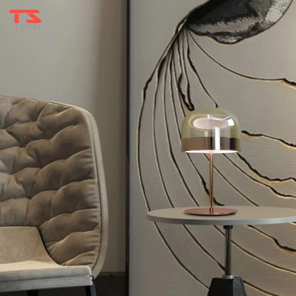 Modern light luxury amber glass dome copper base table lamp, warm light effect, creating an elegant retro space atmosphere.
