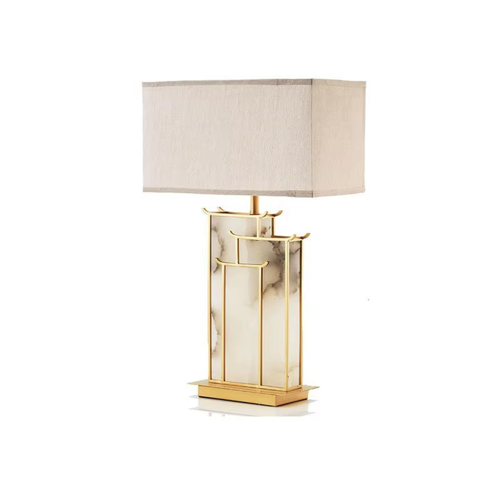 Neo-Chinese style golden frame marble table lamp (linen fabric shade), warm light effect, creating an elegant Chinese-style high-end space atmosphere.
