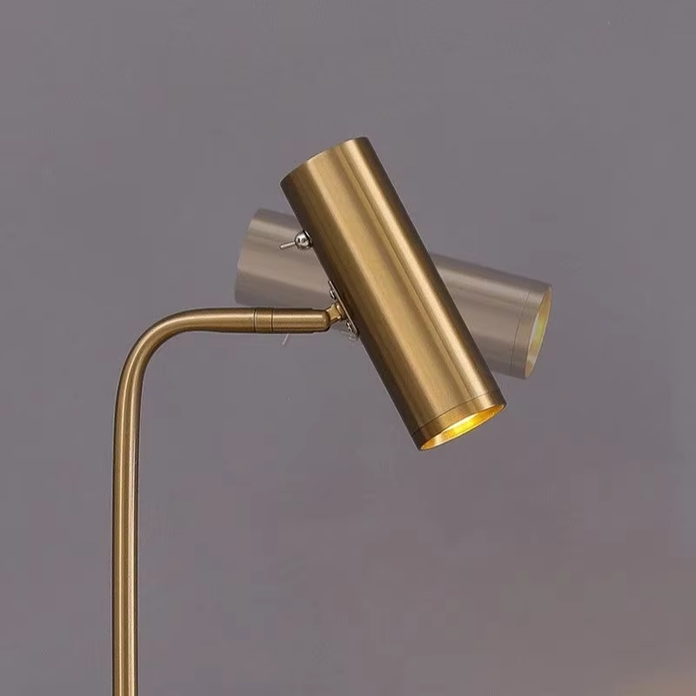 Minimalist white rod marble table lamp (white curved rod + adjustable lamp head + marble base), warm light effect, creating a simple and high-end home atmosphere.