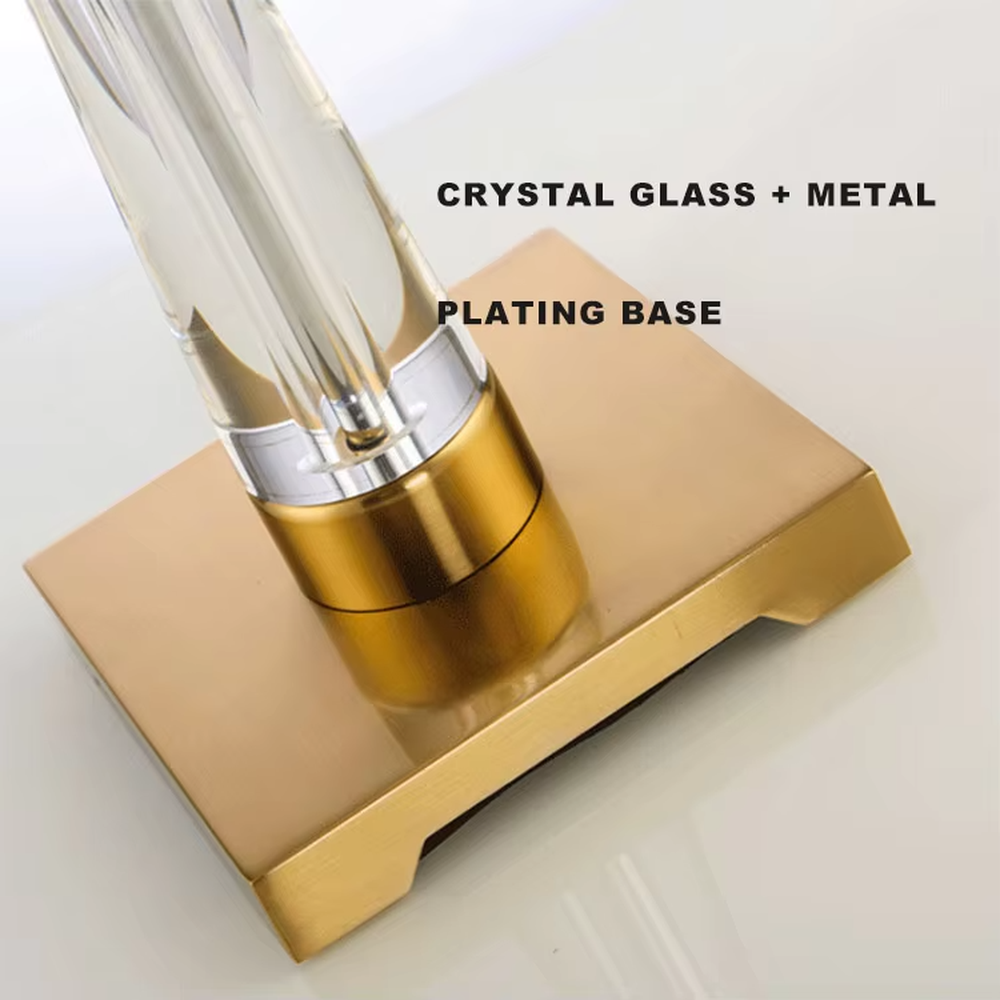 Modern light luxury fabric table lamp, with an off-white fabric lampshade paired with a transparent acrylic + gold metal spliced conical lamp pole, a gold square base with a double pull-cord switch, emitting soft and warm light, combining decorativeness and practicality, suitable for lighting and decoration in spaces such as bedroom nightstands, living room side tables, and hotel guest rooms.