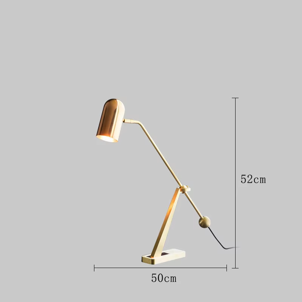 Modern minimalist golden adjustable table lamp (metal pole + cylindrical lampshade), warm light effect, creating a high-end practical office/home space atmosphere.