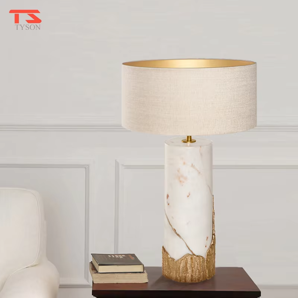 New Chinese Light Luxury Mountain Pattern Marble Table Lamp, Off-White Fabric Lampshade (Gold Interior), White Marble Lamp Body with Gold Mountain-Shaped Base, Serves Both Lighting and Decorative Purposes, Ideal for Bedrooms, Living Rooms, Studies, Hotel Guest Rooms, etc.