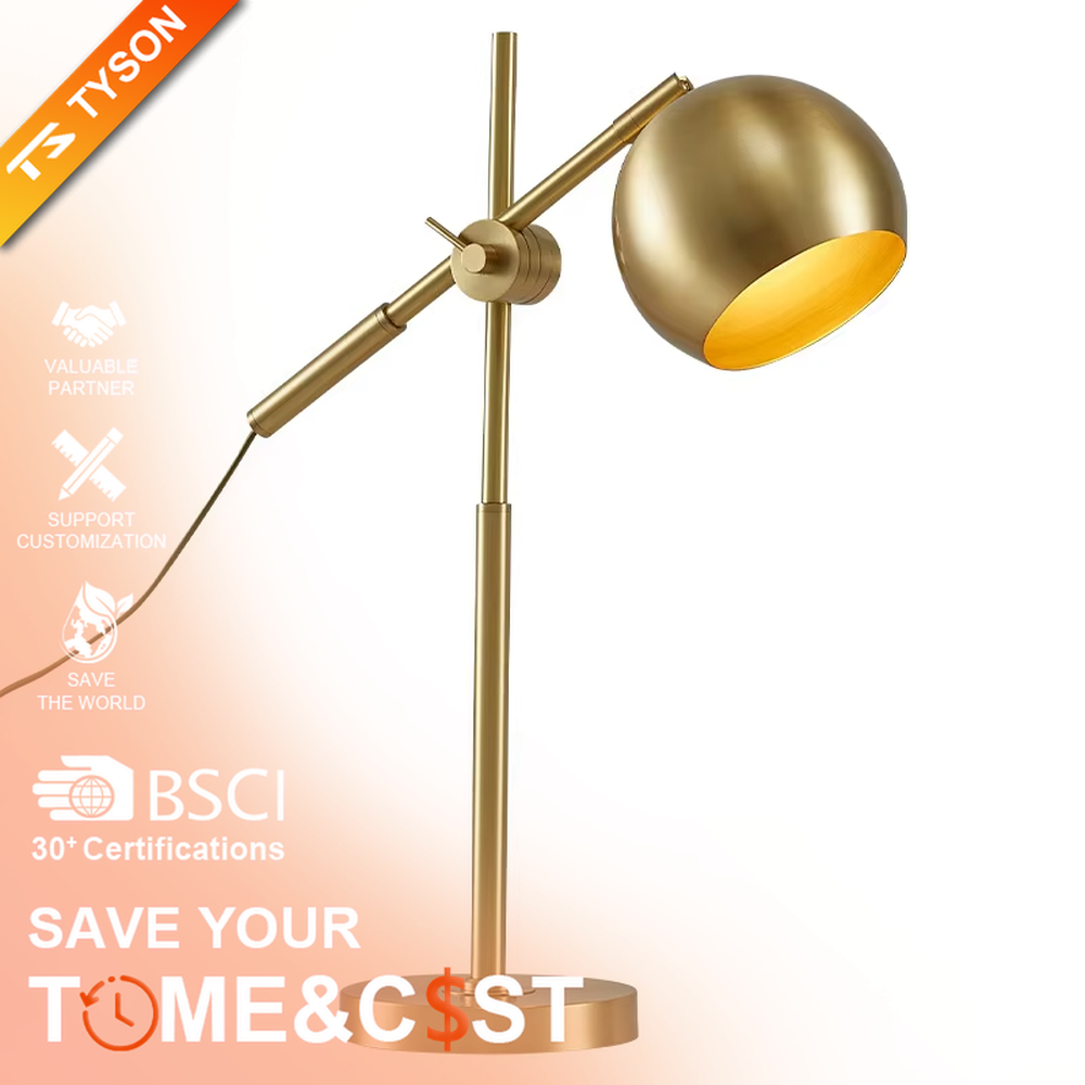 This is a modern light luxury style gold metal table lamp, featuring a spherical lampshade paired with an adjustable long arm and a stable base, which has both lighting and decorative functions, suitable for bedroom nightstands, study desks, hotel guest rooms and other spaces.