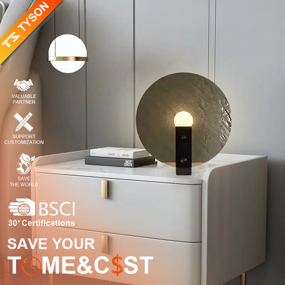 Art semi-transparent round plate table lamp (dual-texture + spherical light source), warm light effect, creating a cutting-edge minimalist artistic home atmosphere.