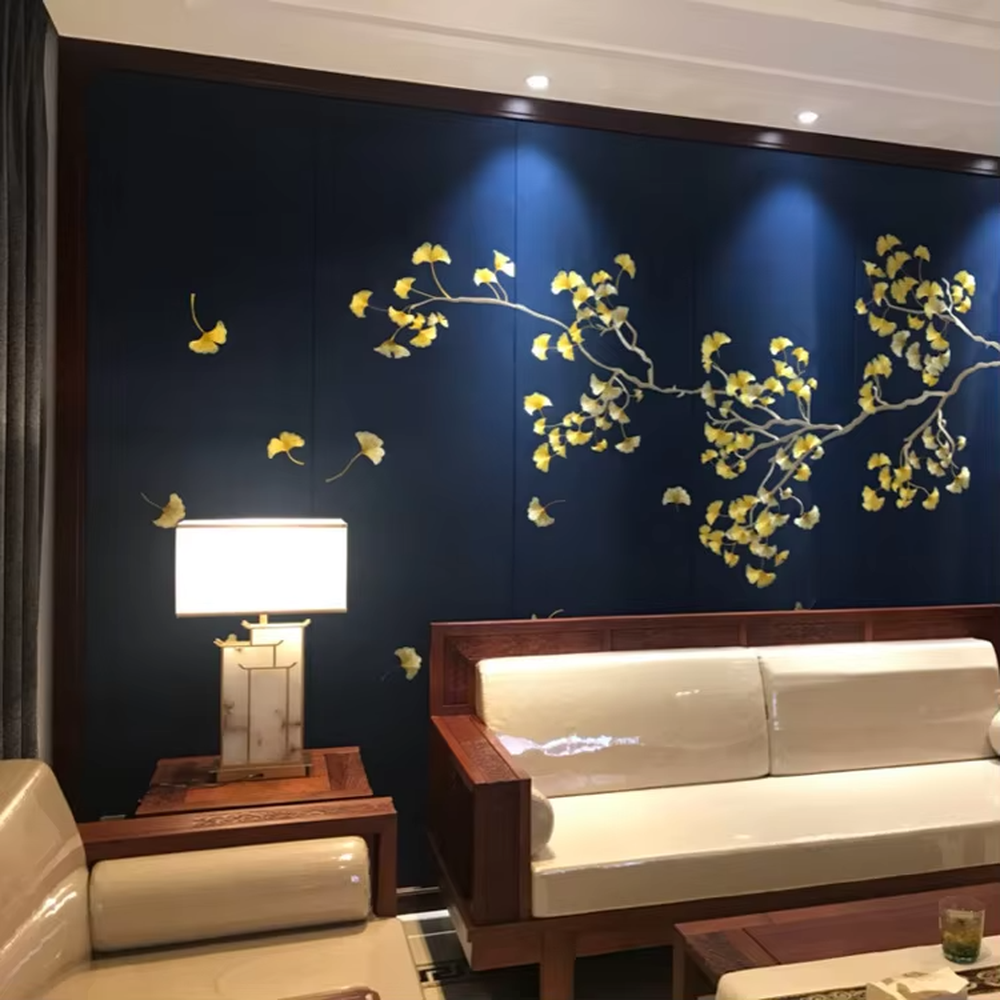 Neo-Chinese style golden frame marble table lamp (linen fabric shade), warm light effect, creating an elegant Chinese-style high-end space atmosphere.