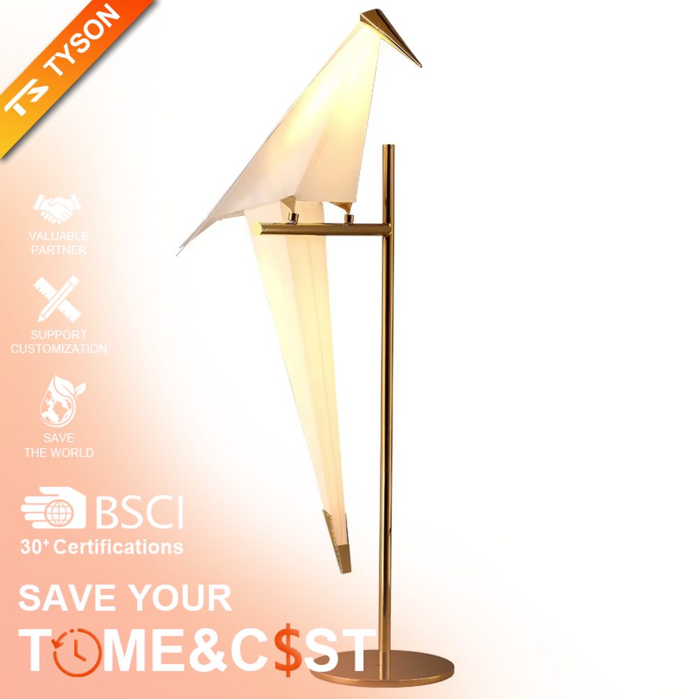 This is a modern light luxury origami crane-shaped floor lamp, featuring a gold metal stand paired with a translucent paper art lamp body. The lamp body is as dynamic and soft as an origami crane, serving both lighting and artistic decoration purposes, suitable for bedrooms, light luxury living rooms, hotel guest rooms, showrooms and other scenarios.