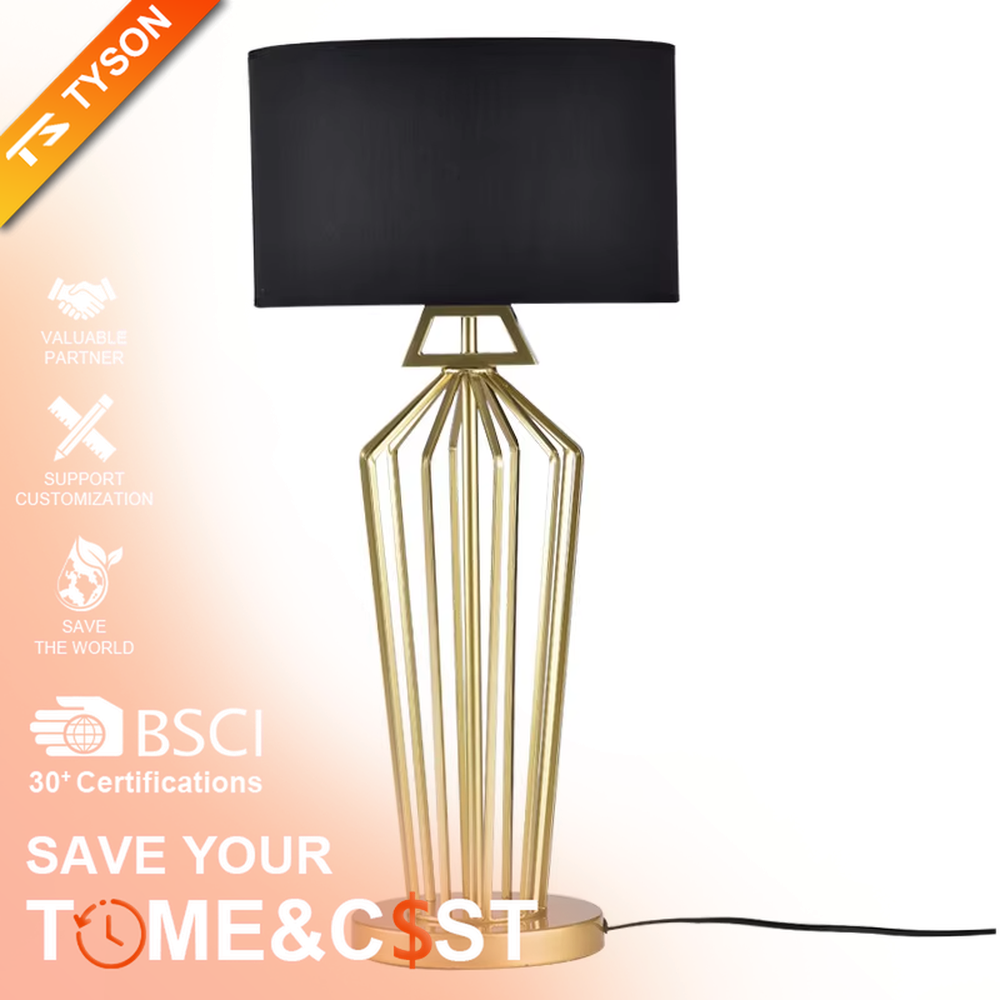 Modern Light Luxury Geometric Hollow Metal Table Lamp, Black Cylindrical Fabric Lampshade, Gold Prism Hollow Metal Lamp Body, Serves Both Lighting and Decorative Purposes, Ideal for Bedrooms, Living Rooms, Studies, Hotel Guest Rooms and Other Light Luxury Spaces.