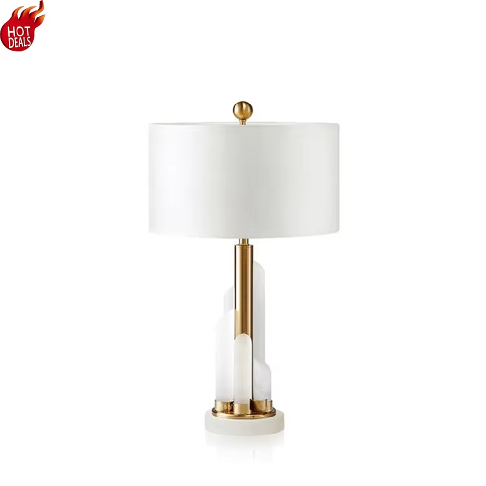 Light luxury crystal stone gold accessory table lamp (crystal column + gold accessories + marble base), warm light effect, creating an elegant and high-end home atmosphere.