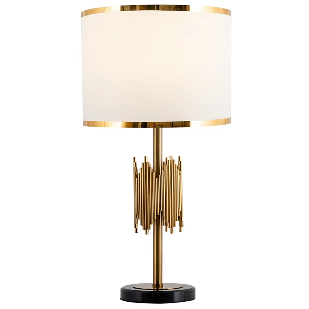 Modern light luxury black-gold striped decorative table lamp, golden metal striped base + white shade with gold trim + warm light effect, creating an exquisite luxurious home atmosphere.