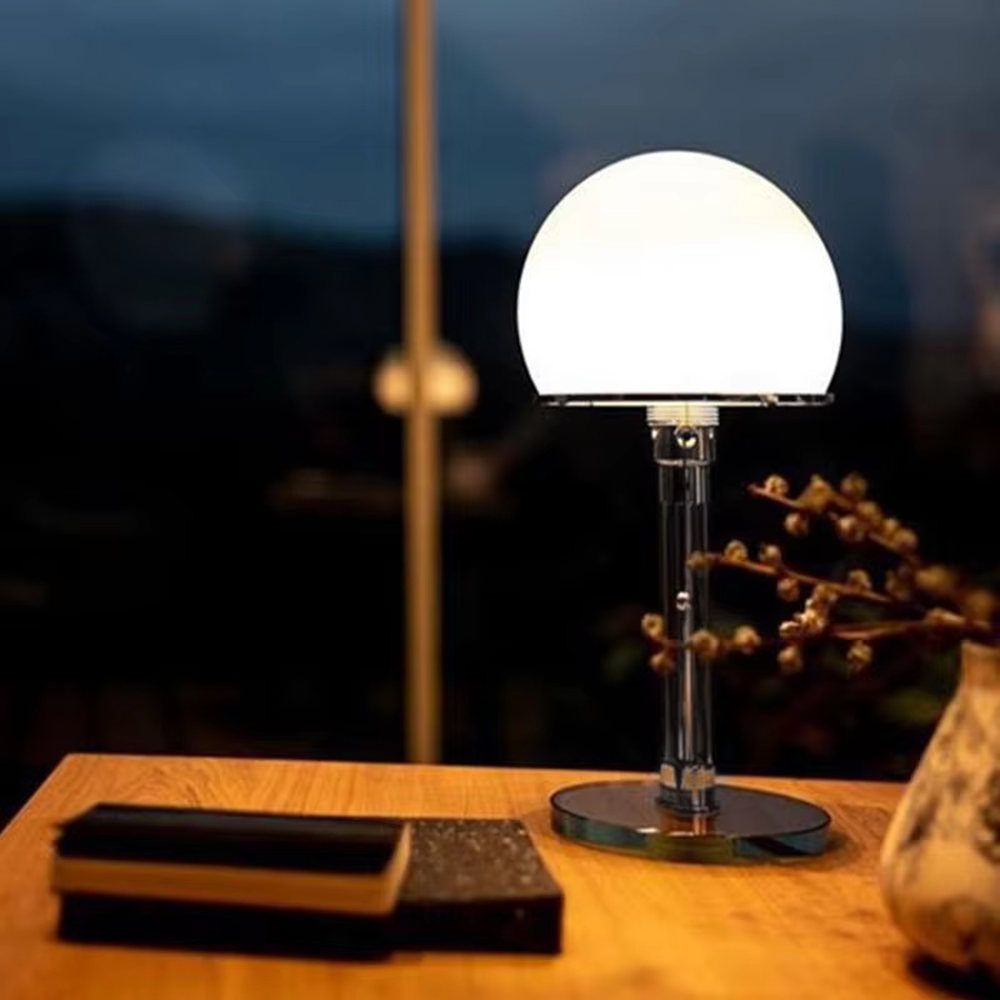 Retro minimalist spherical frosted glass lampshade transparent glass pole table lamp (metal accessories + glass base), warm light effect, creating a fresh and cozy atmosphere.
