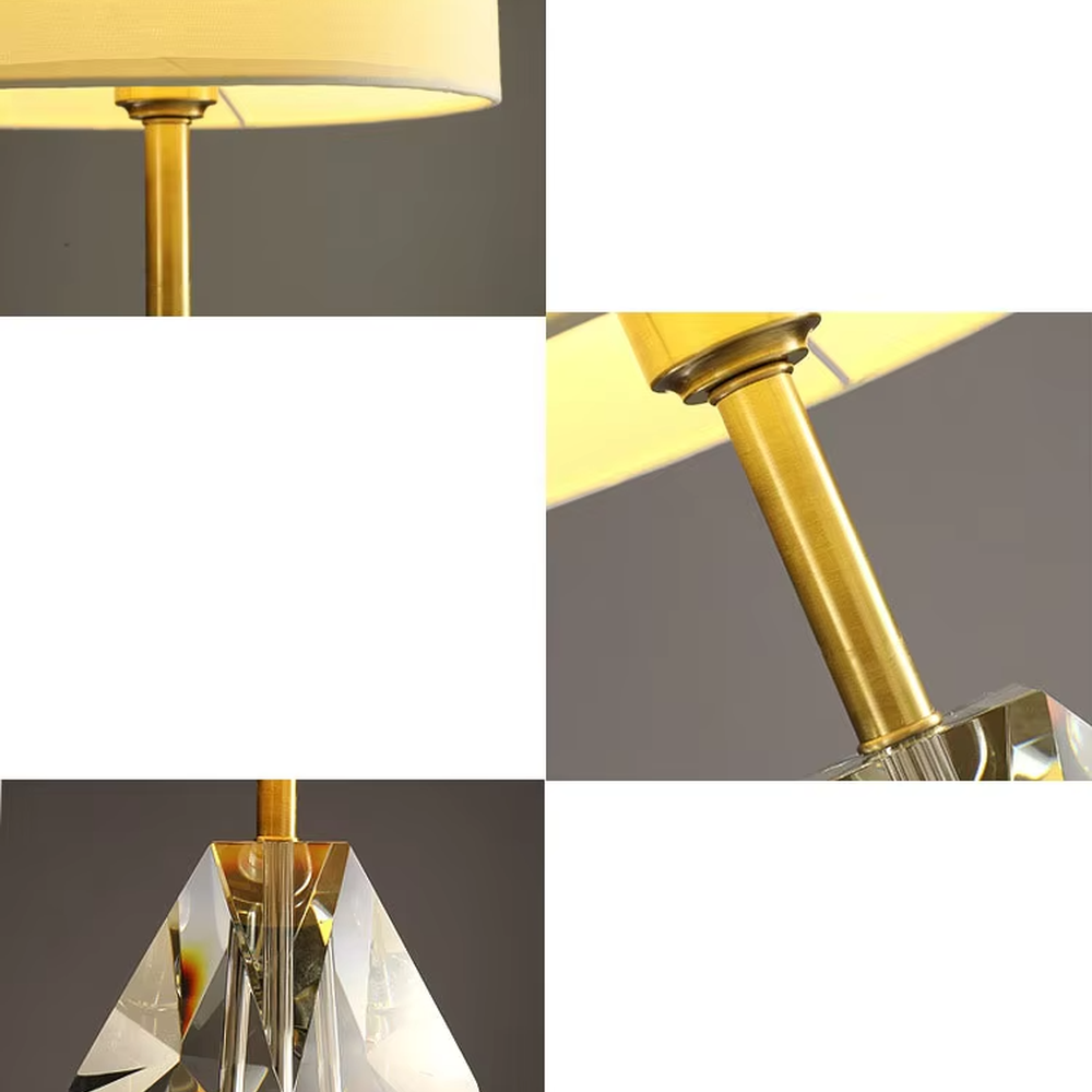Light luxury multi-faceted cut crystal base table lamp (white shade + gold trim), warm light effect, creating a brilliant and exquisite space atmosphere.