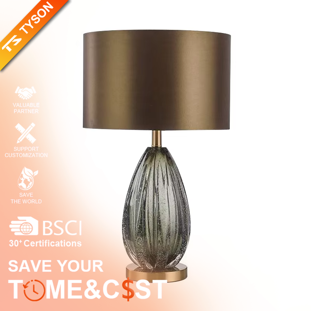 Modern Light Luxury Teardrop Glass Table Lamp, Dark Brown Cylindrical Fabric Lampshade, Grey-Green Vertical-Ribbed Bubble Glass Body with Gold Metal Accents, Serves Both Lighting and Decorative Purposes, Ideal for Bedrooms, Living Rooms, Studies, etc.