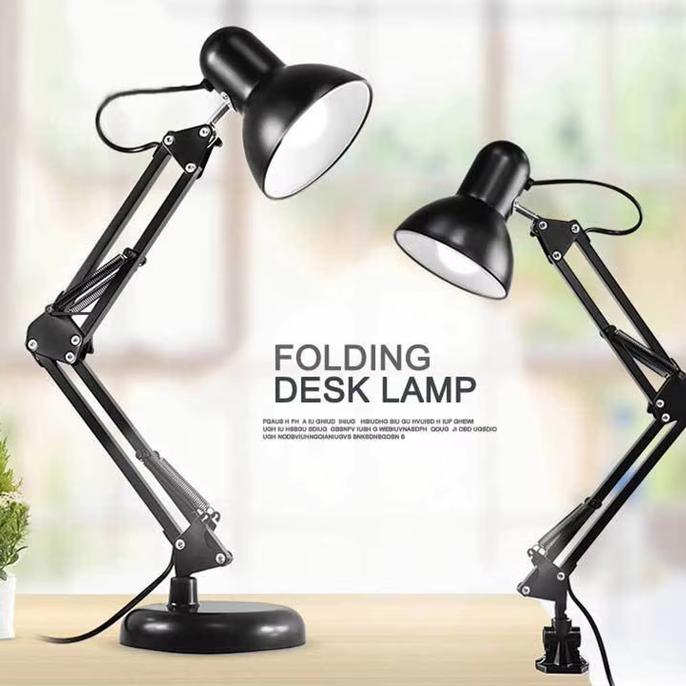 Industrial style long-arm folding table lamp, black iron lamp body with conical lampshade, multi-joint adjustable angle, focused and eye-protective light, used for lighting in desks, workbenches and other areas, suitable for industrial-style homes, office areas, student study rooms, etc.