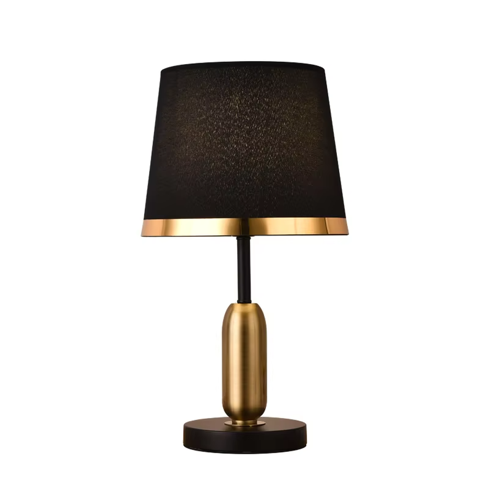 This is a light luxury minimalist style table lamp, featuring a gold metal lamp body paired with an off-white fabric lampshade. The black and gold color scheme offers a high-end texture, emitting soft and uniform light, serving both lighting and decorative purposes, suitable for bedroom nightstands, hotel guest rooms, light luxury living room side tables and other scenarios.