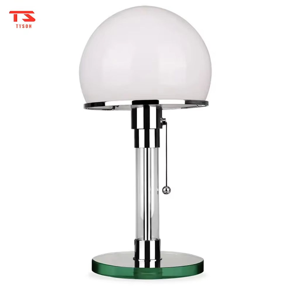 Modern light luxury adjustable-height mushroom table lamp, with a milky white spherical lampshade paired with a chrome-plated + transparent acrylic adjustable-height lamp pole, featuring a pull-chain switch, and a green acrylic base, emitting soft and even light, combining decorativeness and practicality, suitable for lighting and decoration in spaces such as bedroom nightstands, study desks, and living room side tables.