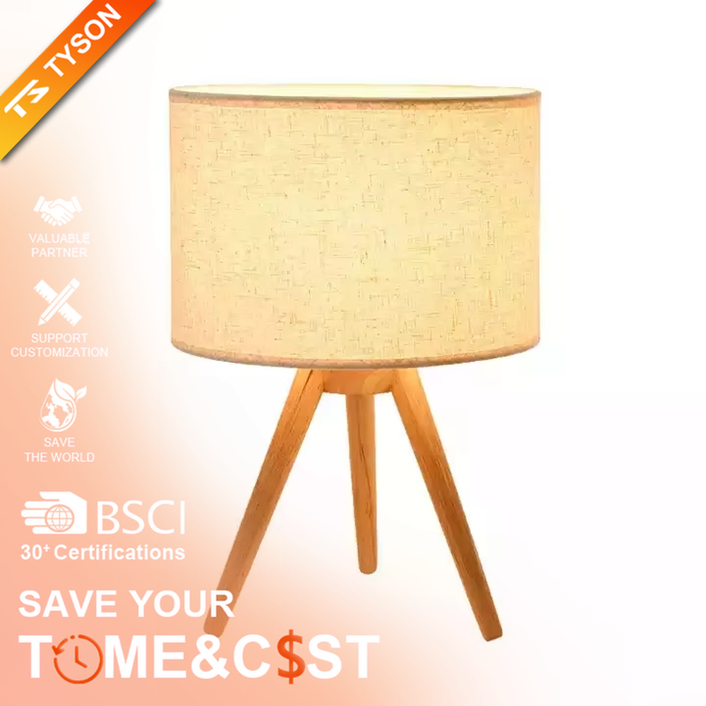 Wooden-style triangular stand table lamp (wooden tripod + linen lampshade), warm light effect, creating a natural and healing home atmosphere.