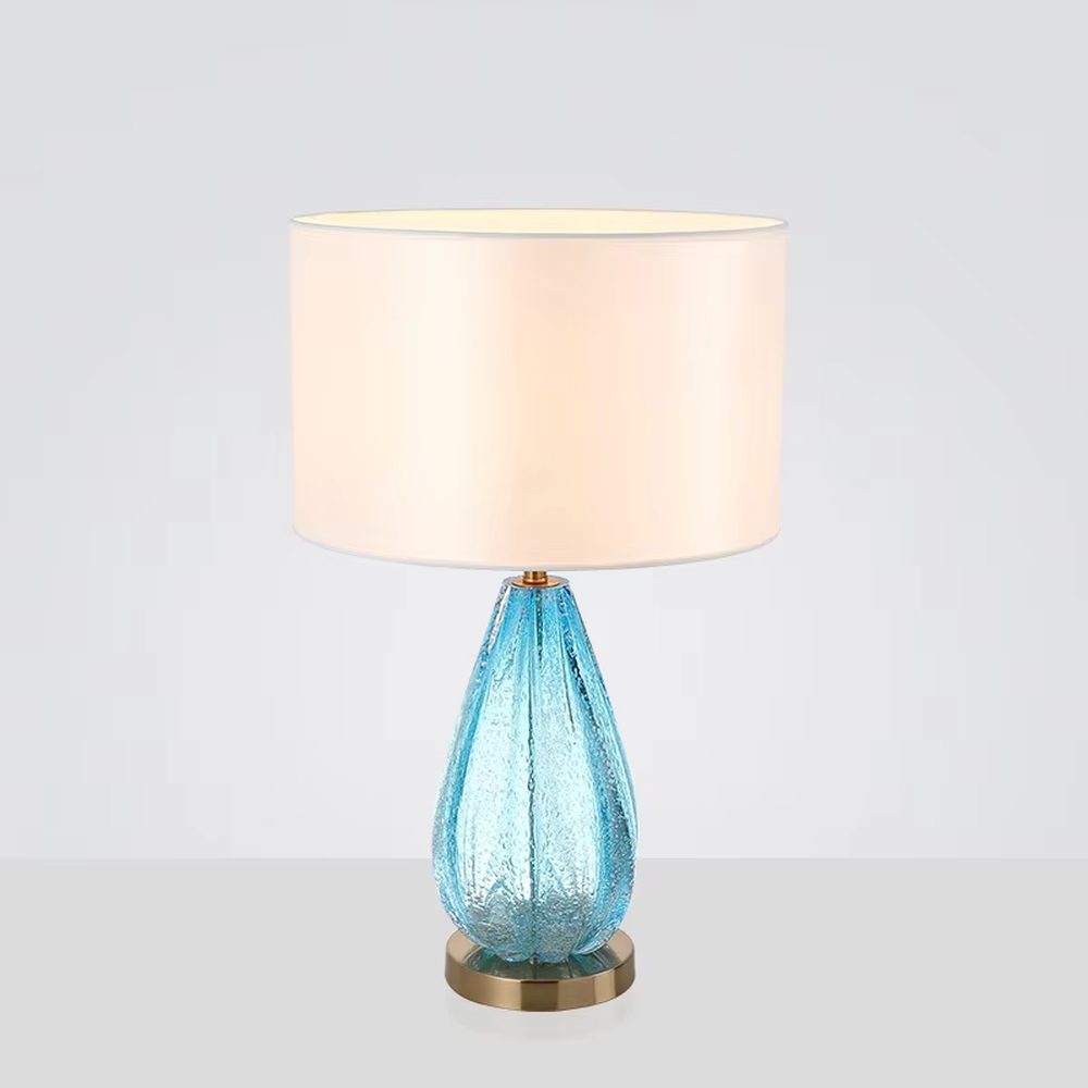 Modern Light Luxury Teardrop Glass Table Lamp, Dark Brown Cylindrical Fabric Lampshade, Grey-Green Vertical-Ribbed Bubble Glass Body with Gold Metal Accents, Serves Both Lighting and Decorative Purposes, Ideal for Bedrooms, Living Rooms, Studies, etc.