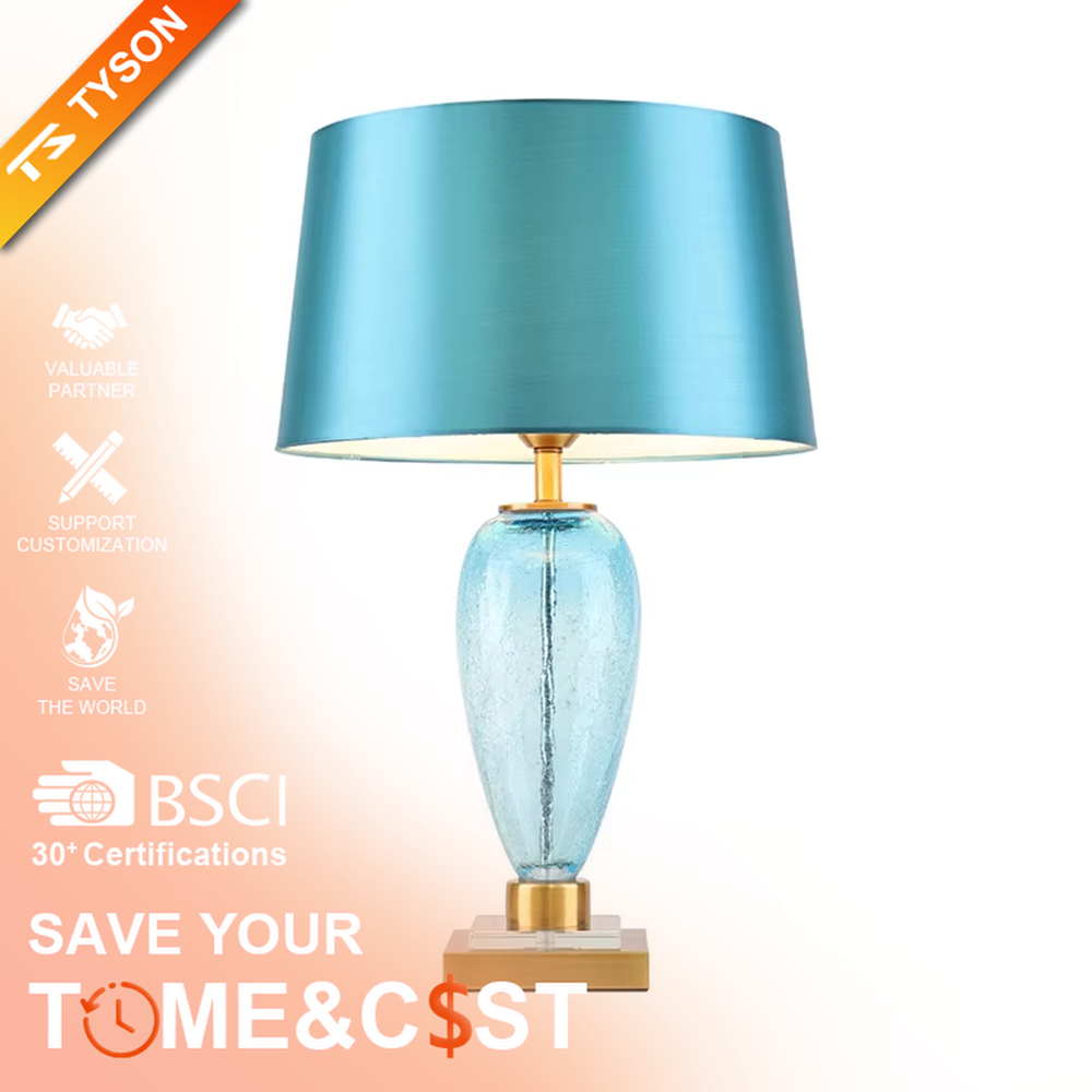 Light luxury lake blue glass bottle-shaped table lamp (satin fabric shade + gold trim), warm light effect, creating a fresh and elegant space atmosphere.