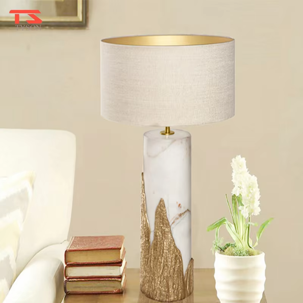 New Chinese Light Luxury Mountain Pattern Marble Table Lamp, Off-White Fabric Lampshade (Gold Interior), White Marble Lamp Body with Gold Mountain-Shaped Base, Serves Both Lighting and Decorative Purposes, Ideal for Bedrooms, Living Rooms, Studies, Hotel Guest Rooms, etc.