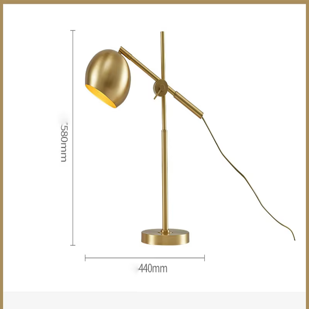 This is a modern light luxury style gold metal table lamp, featuring a spherical lampshade paired with an adjustable long arm and a stable base, which has both lighting and decorative functions, suitable for bedroom nightstands, study desks, hotel guest rooms and other spaces.