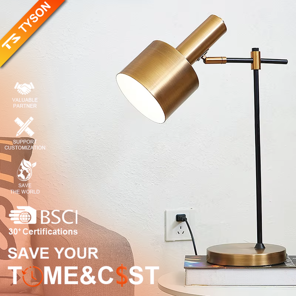 Modern light luxury black-gold adjustable metal table lamp, golden lampshade + black-gold stand + round golden base, angle-adjustable, soft warm light, creating a simple high-end office/home atmosphere.