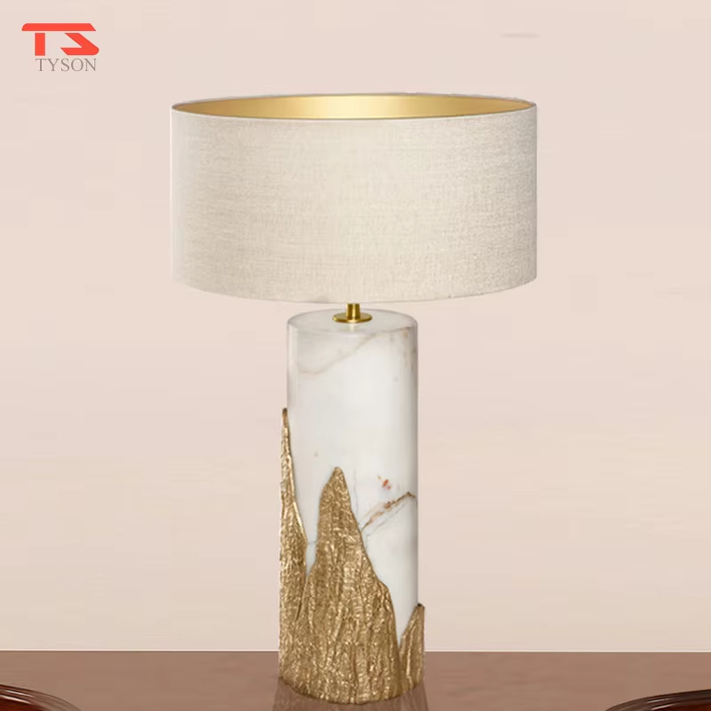 New Chinese Light Luxury Mountain Pattern Marble Table Lamp, Off-White Fabric Lampshade (Gold Interior), White Marble Lamp Body with Gold Mountain-Shaped Base, Serves Both Lighting and Decorative Purposes, Ideal for Bedrooms, Living Rooms, Studies, Hotel Guest Rooms, etc.