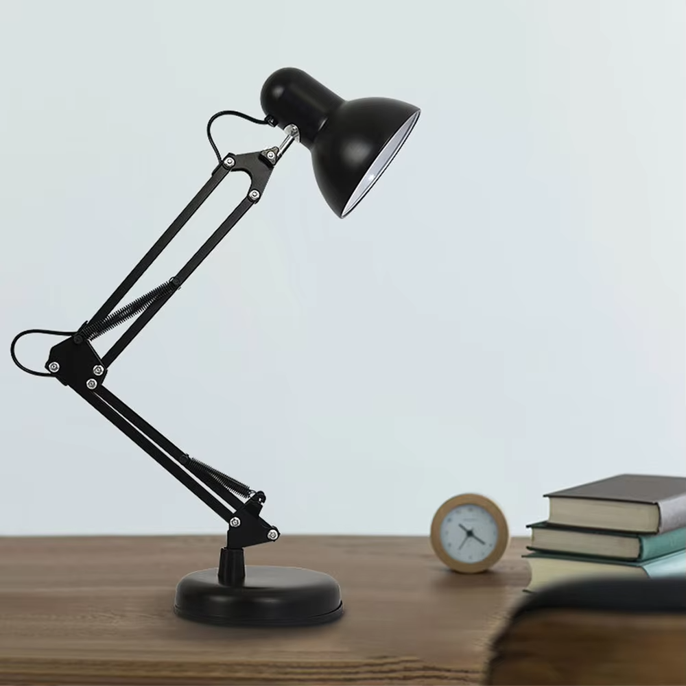Industrial style long-arm folding table lamp, black iron lamp body with conical lampshade, multi-joint adjustable angle, focused and eye-protective light, used for lighting in desks, workbenches and other areas, suitable for industrial-style homes, office areas, student study rooms, etc.