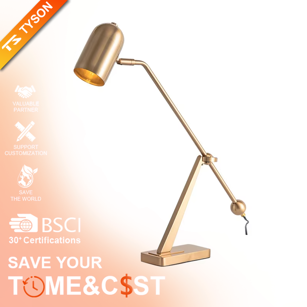 Modern minimalist golden adjustable table lamp (metal pole + cylindrical lampshade), warm light effect, creating a high-end practical office/home space atmosphere.
