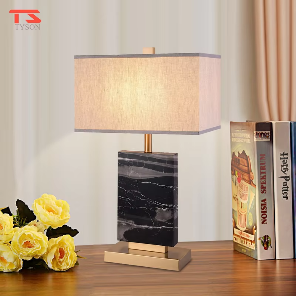 Modern Light Luxury Black Marble Table Lamp, Beige Rectangular Fabric Lampshade, Natural Black Marble Lamp Body with Gold Metal Base and Accents, Serves Both Lighting and Decorative Purposes, Ideal for Bedrooms, Living Rooms, Studies, Hotel Guest Rooms, etc.