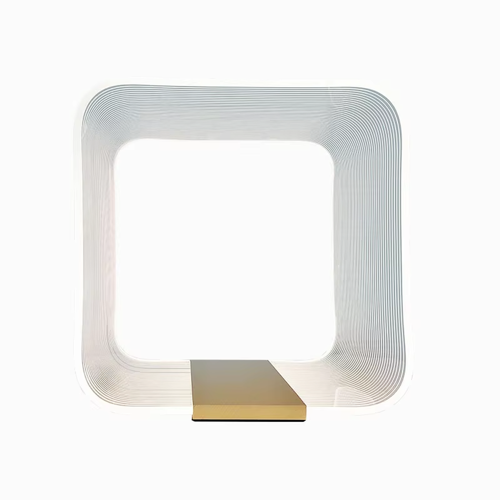 Avant-garde line frame table lamp (white line frame + gold base), warm light effect, creating a futuristic high-end space atmosphere.
