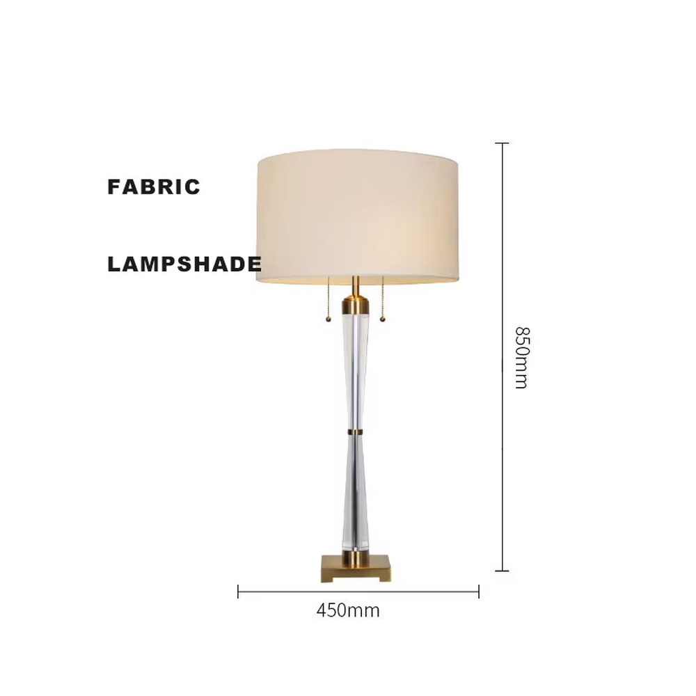 Modern light luxury fabric table lamp, with an off-white fabric lampshade paired with a transparent acrylic + gold metal spliced conical lamp pole, a gold square base with a double pull-cord switch, emitting soft and warm light, combining decorativeness and practicality, suitable for lighting and decoration in spaces such as bedroom nightstands, living room side tables, and hotel guest rooms.