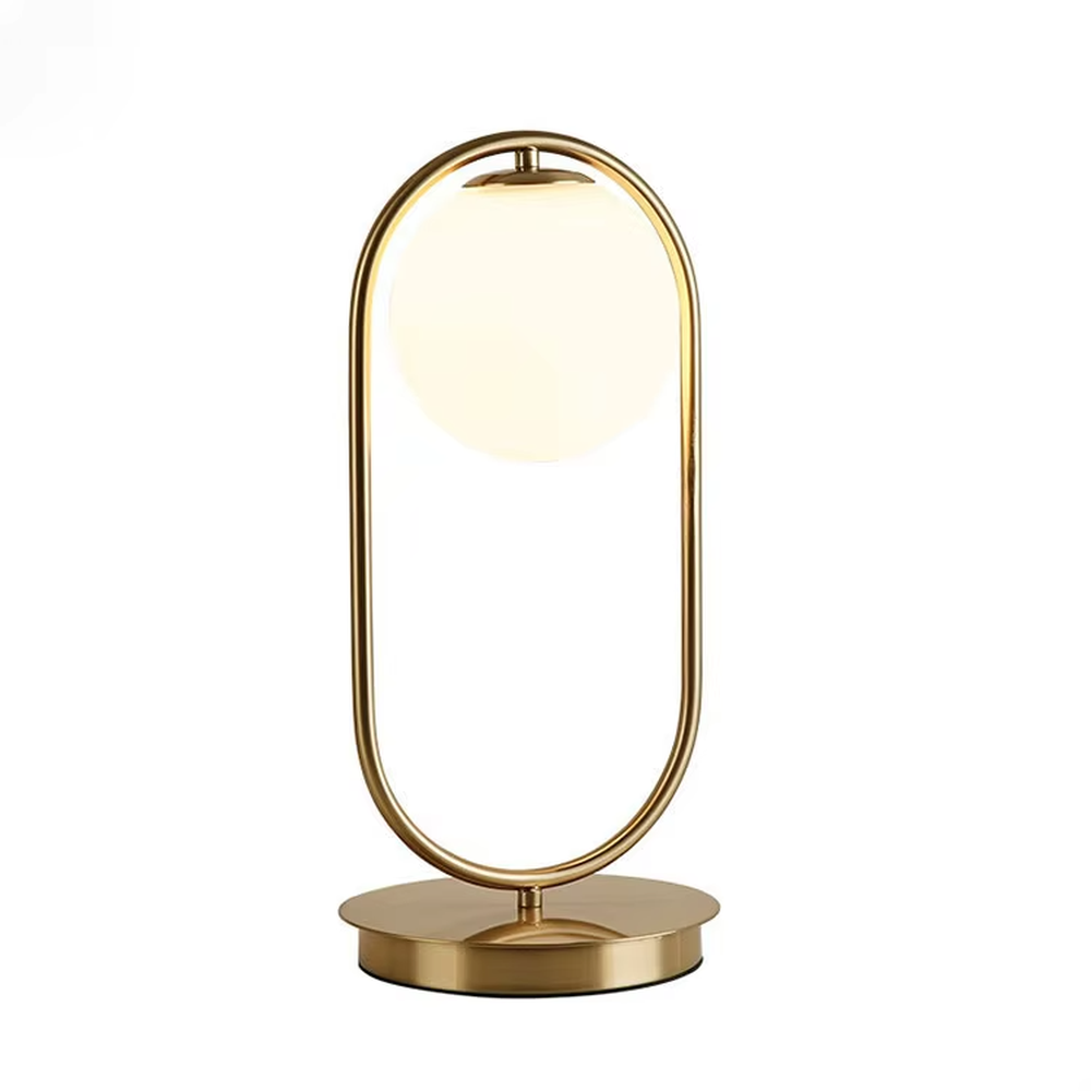 Minimalist gold ring glass ball table lamp (gold ring stand + milk white glass ball), warm light effect, creating a simple and high-end light luxury home atmosphere.