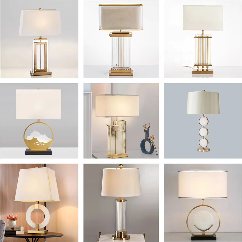 Light luxury white jade ring base table lamp, white jade-textured ring + golden metal decorations + white fabric lampshade, soft warm light, creating a light luxury elegant home atmosphere.