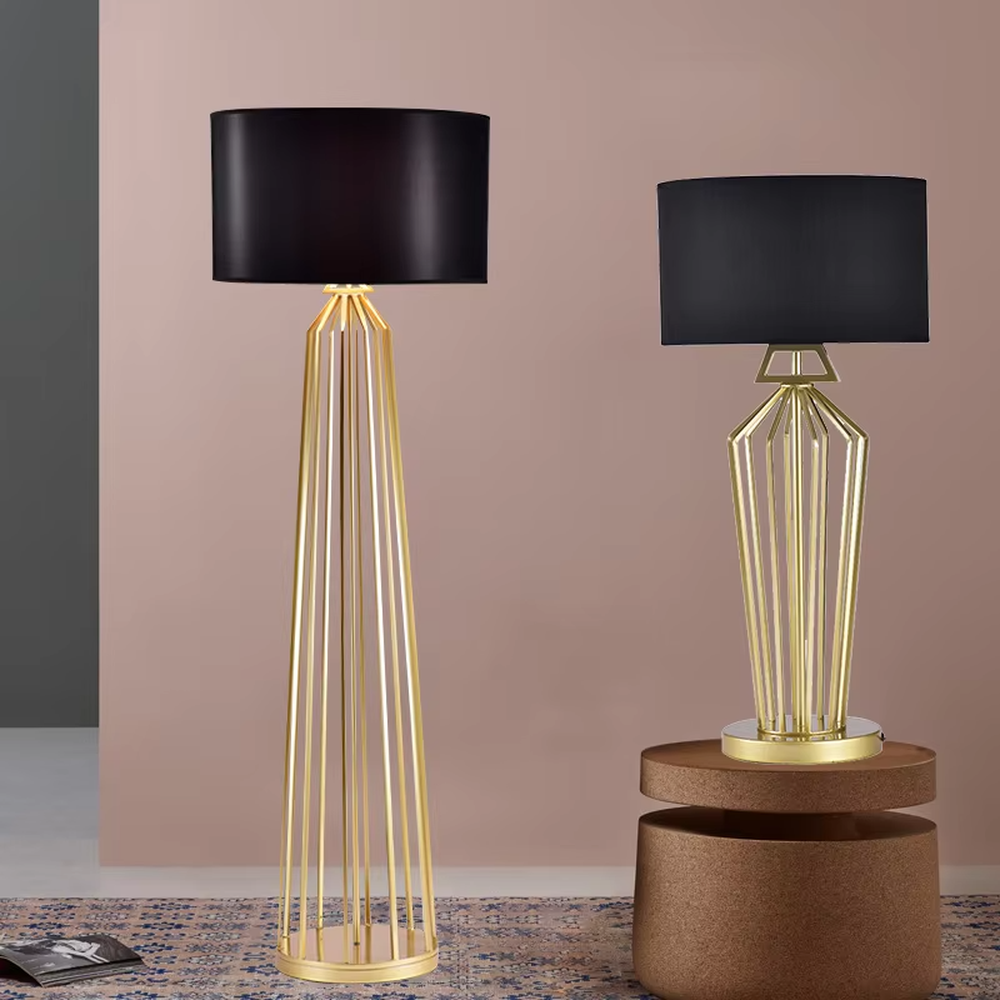 Modern Light Luxury Geometric Hollow Metal Table Lamp, Black Cylindrical Fabric Lampshade, Gold Prism Hollow Metal Lamp Body, Serves Both Lighting and Decorative Purposes, Ideal for Bedrooms, Living Rooms, Studies, Hotel Guest Rooms and Other Light Luxury Spaces.