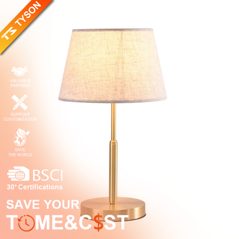 Modern light luxury golden metal pole linen texture fabric shade round base table lamp, warm light effect, creating an elegant minimalist home atmosphere.