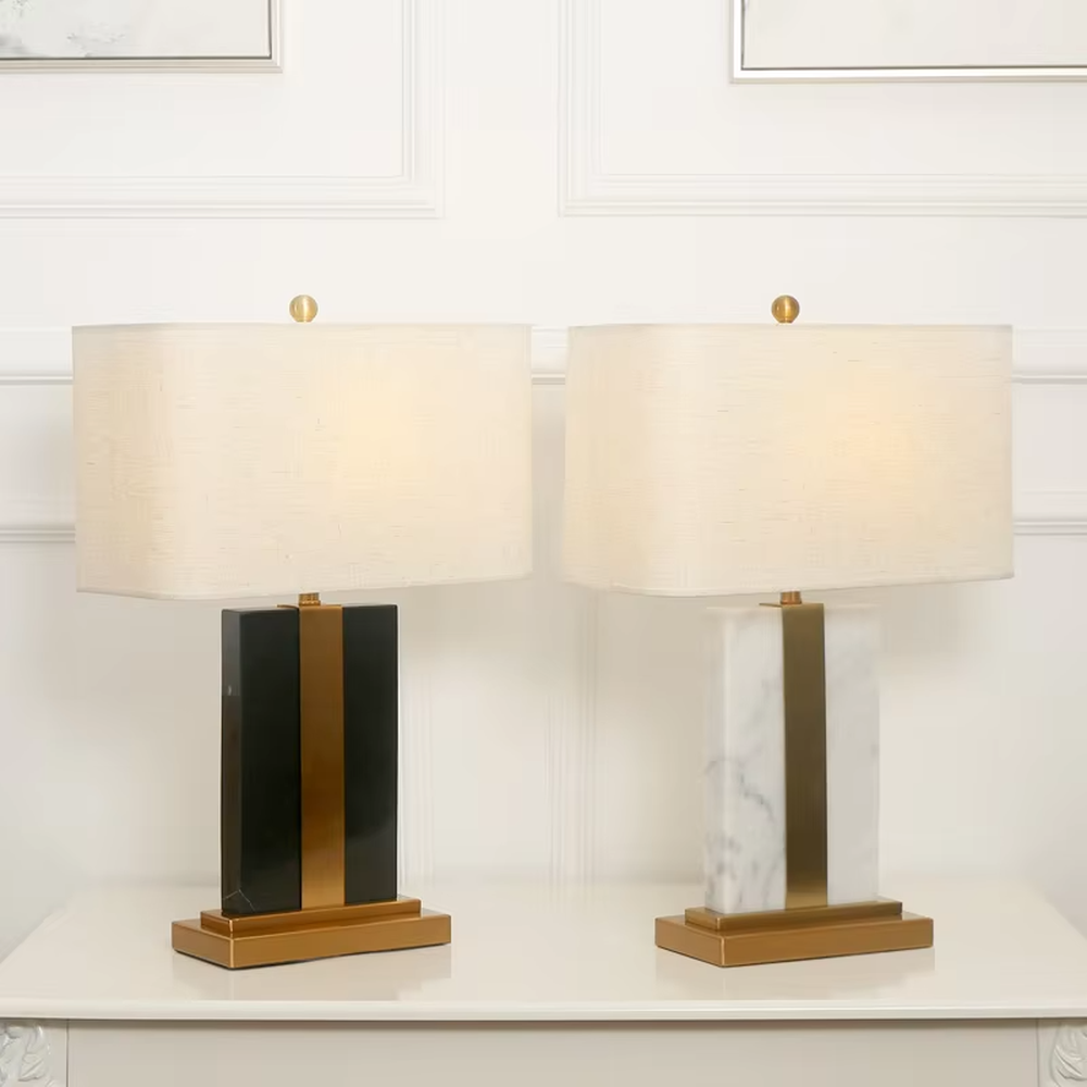 Light luxury color-blocking square base table lamp (black-gold color-blocking base + linen shade), warm light effect, creating a simple and high-end home atmosphere.