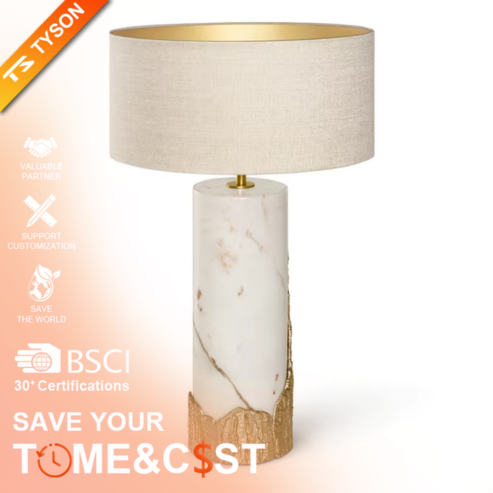 New Chinese Light Luxury Mountain Pattern Marble Table Lamp, Off-White Fabric Lampshade (Gold Interior), White Marble Lamp Body with Gold Mountain-Shaped Base, Serves Both Lighting and Decorative Purposes, Ideal for Bedrooms, Living Rooms, Studies, Hotel Guest Rooms, etc.