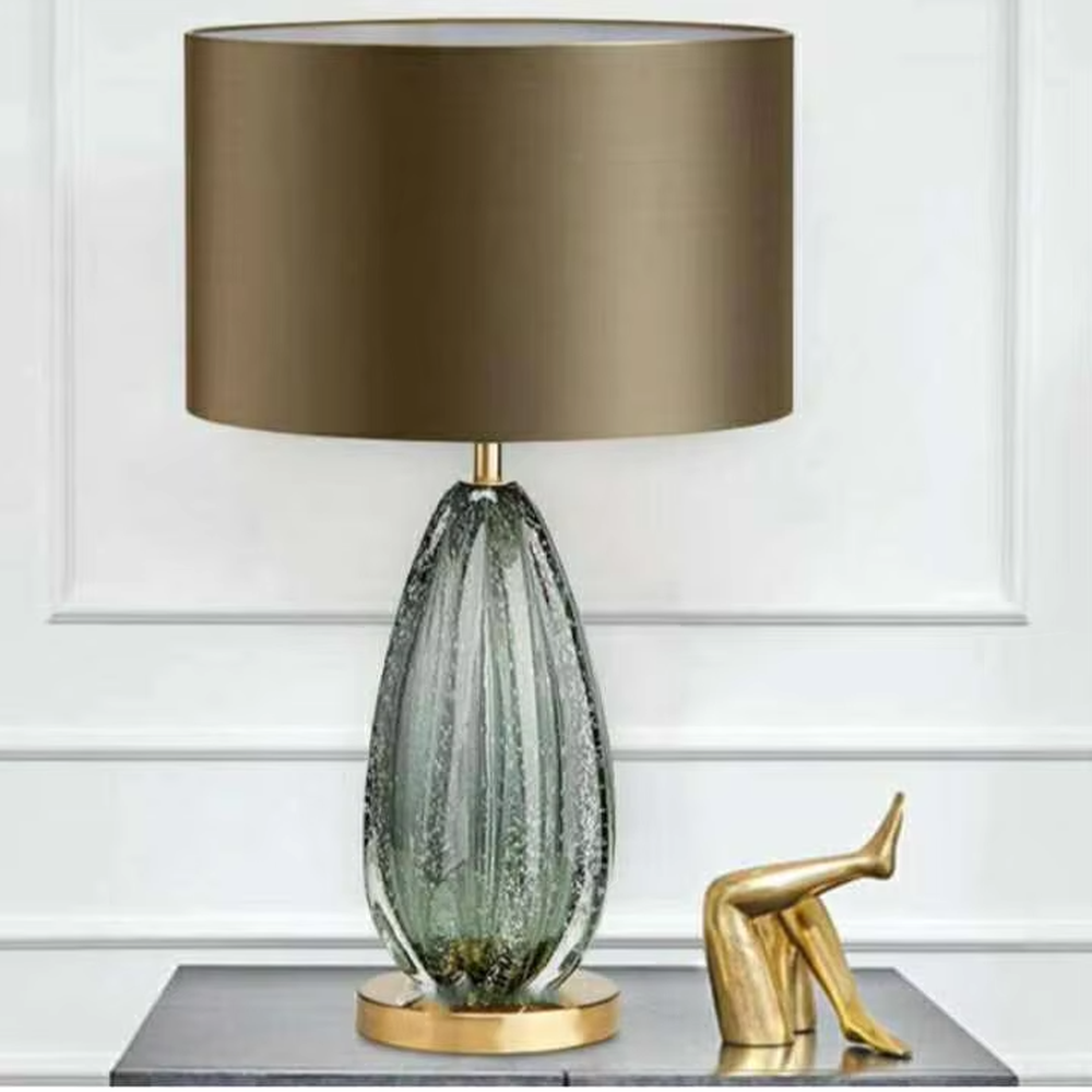 Modern Light Luxury Teardrop Glass Table Lamp, Dark Brown Cylindrical Fabric Lampshade, Grey-Green Vertical-Ribbed Bubble Glass Body with Gold Metal Accents, Serves Both Lighting and Decorative Purposes, Ideal for Bedrooms, Living Rooms, Studies, etc.