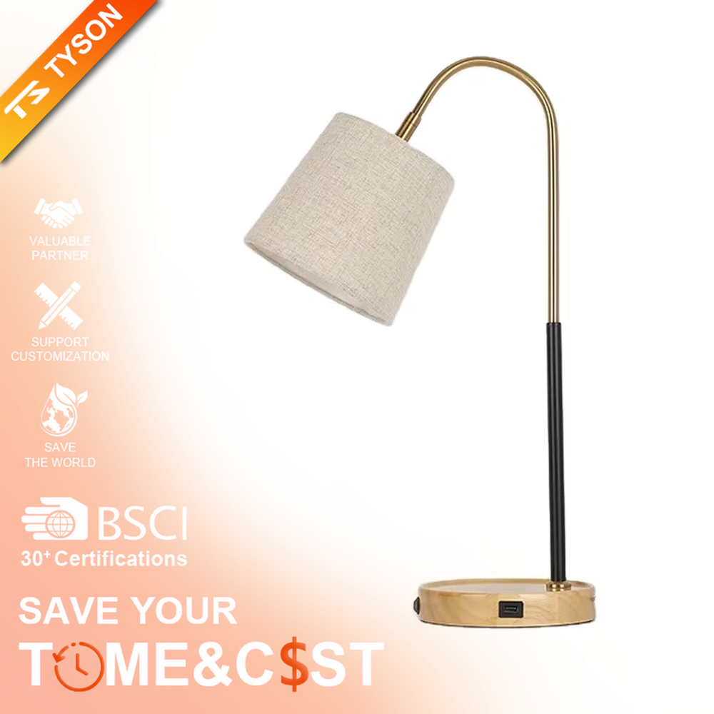 Light luxury wood-base curved arm table lamp (log base + black-gold curved arm + linen lampshade), warm light effect, creating a warm and high-end home atmosphere.