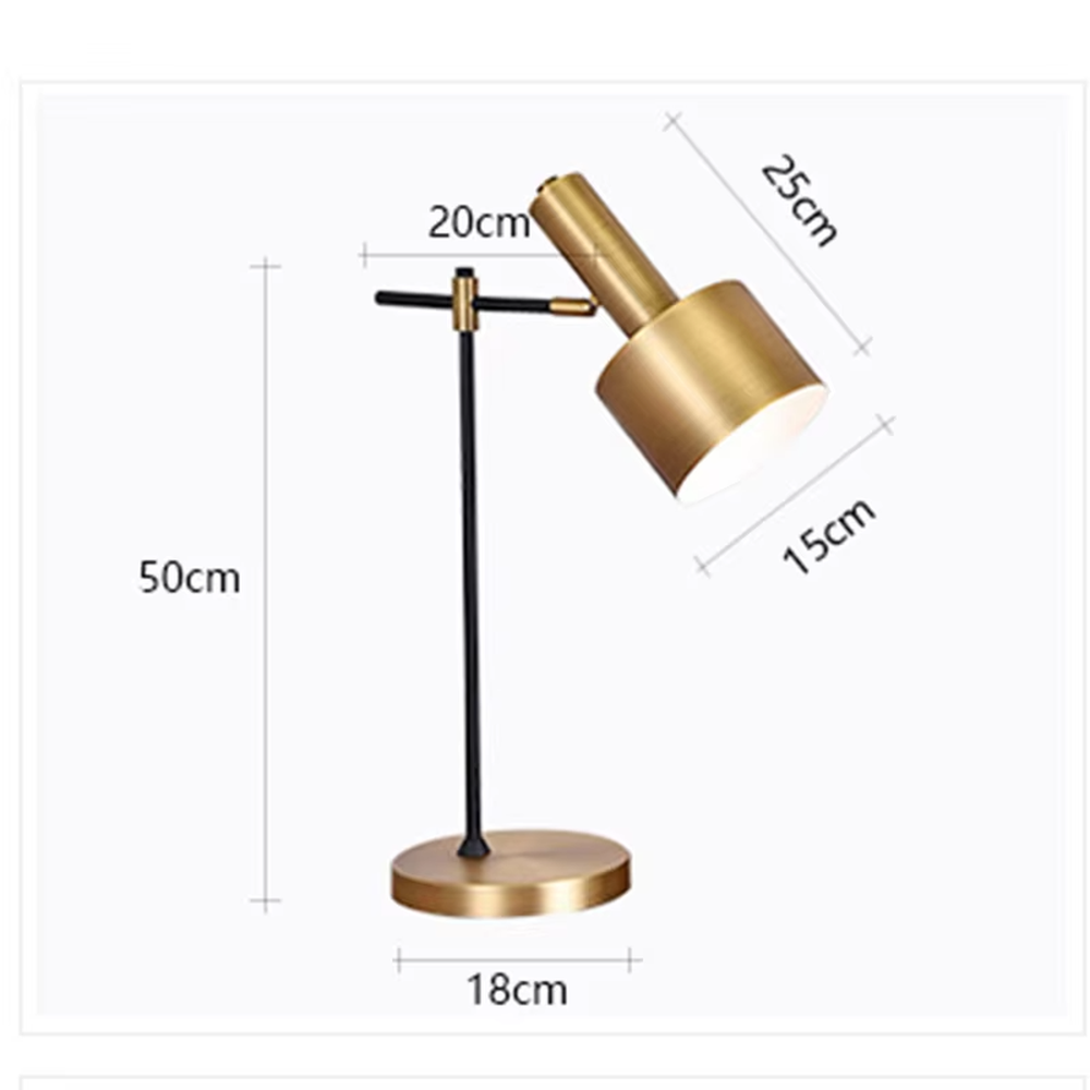Modern light luxury black-gold adjustable metal table lamp, golden lampshade + black-gold stand + round golden base, angle-adjustable, soft warm light, creating a simple high-end office/home atmosphere.
