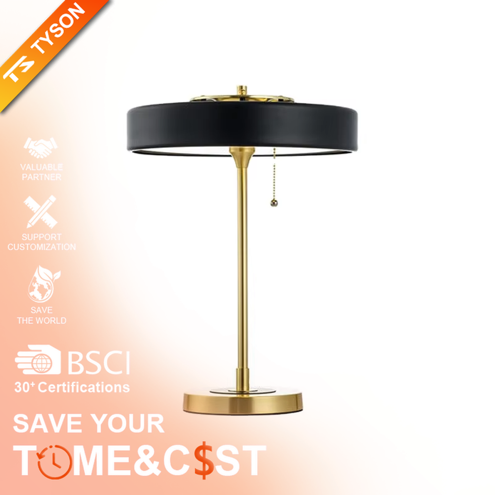 Modern light luxury black-gold round shade metal pole table lamp, warm light effect, creating an exquisite minimalist home atmosphere.