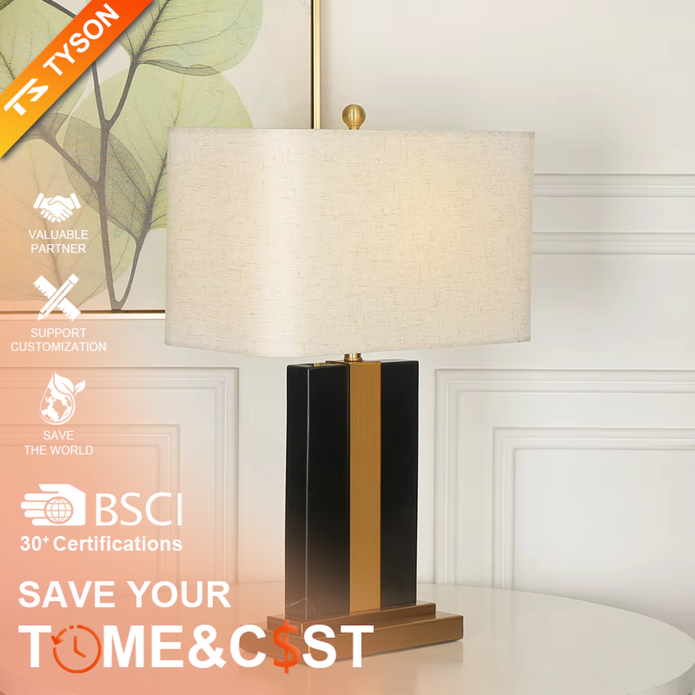 Light luxury color-blocking square base table lamp (black-gold color-blocking base + linen shade), warm light effect, creating a simple and high-end home atmosphere.