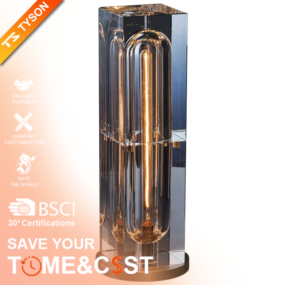 Modern light luxury cut crystal column table lamp, with a transparent multi-faceted cut crystal lamp body paired with a gold metal base, emitting soft and transparent light, combining decorativeness and practicality, suitable for lighting and decoration in spaces such as bedroom nightstands, living room side tables, and hotel guest rooms.