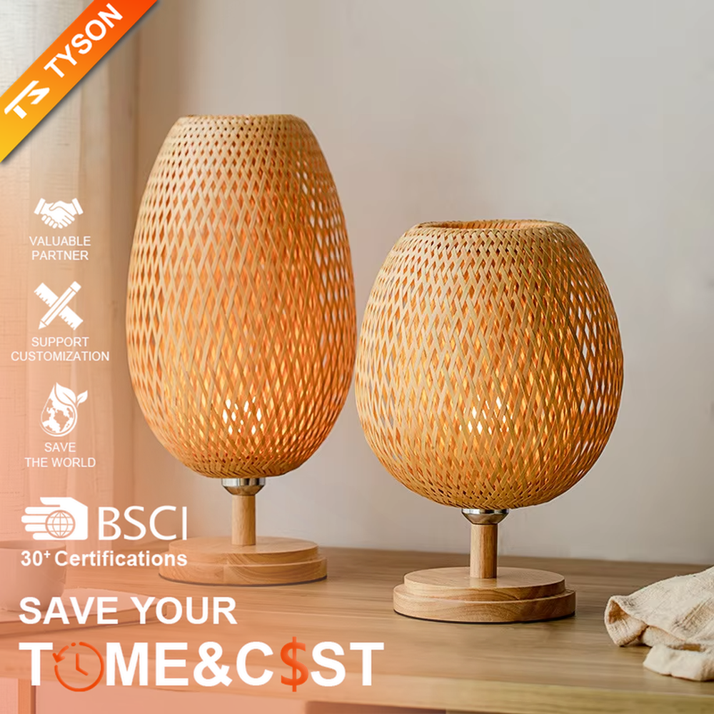 Japanese wabi-sabi style bamboo woven table lamp, hand-woven mesh lampshade paired with solid wood base, available in egg/water drop shapes, soft and warm light, designed to enhance the natural healing atmosphere of spaces, suitable for bedroom nightstands, homestay guest rooms, tea rooms, zen spaces, etc.
