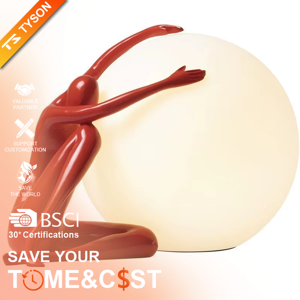Artistic red sculpture humanoid lifting spherical soft light table lamp, warm light effect, creating a personalized artistic space atmosphere.