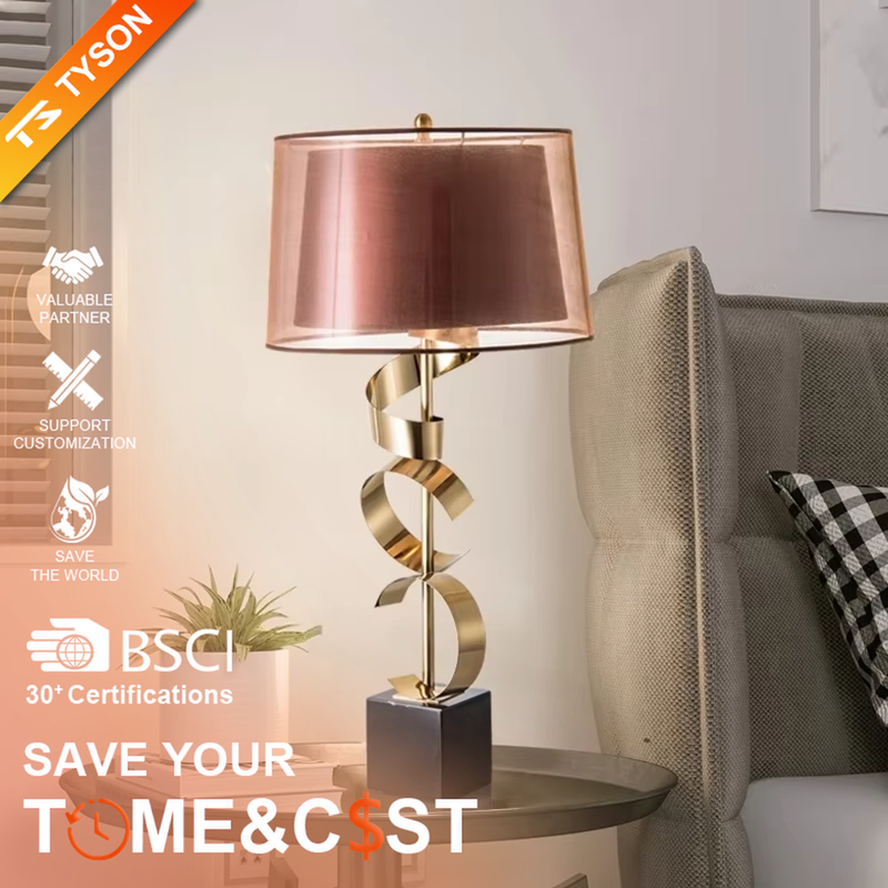 Light luxury golden spiral-shaped table lamp, golden spiral stand + black square base + gradient gray fabric lampshade, soft warm light, creating an elegant light luxury bedroom atmosphere.